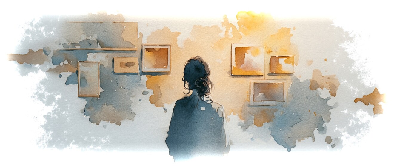 Watercolour of a person looking at framed pictures on a wall