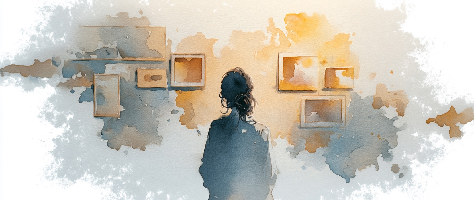 Watercolour of a person looking at framed pictures on a wall